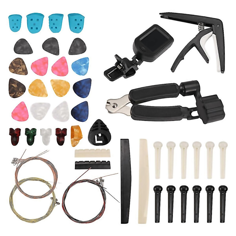 For 65 Pcs Guitar Accessories Kit With Guitar Strings Tuner Capo Picks Pick Holder Thumb Finger