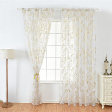 Transparent Tulle Curtains Pack of 2, 100 x 200 cm Gold Feather Pattern, Sheer Window Drapes for Living Room, Bedroom, Balcony