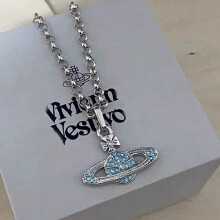(Blue necklace) Classic full-diamond shiny large Saturn water diamond necklace alloy version, elegant and versatile sweater chain