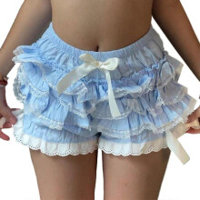 (L, Sky Blue) Women JK Girls Layered Ruffle Lace Bloomers Pumpkin Shorts Vintage Victorian Cute Bowknot Safety Panties Frilly Knickers White S