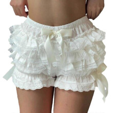 (L, White) Women JK Girls Layered Ruffle Lace Bloomers Pumpkin Shorts Vintage Victorian Cute Bowknot Safety Panties Frilly Knickers White S