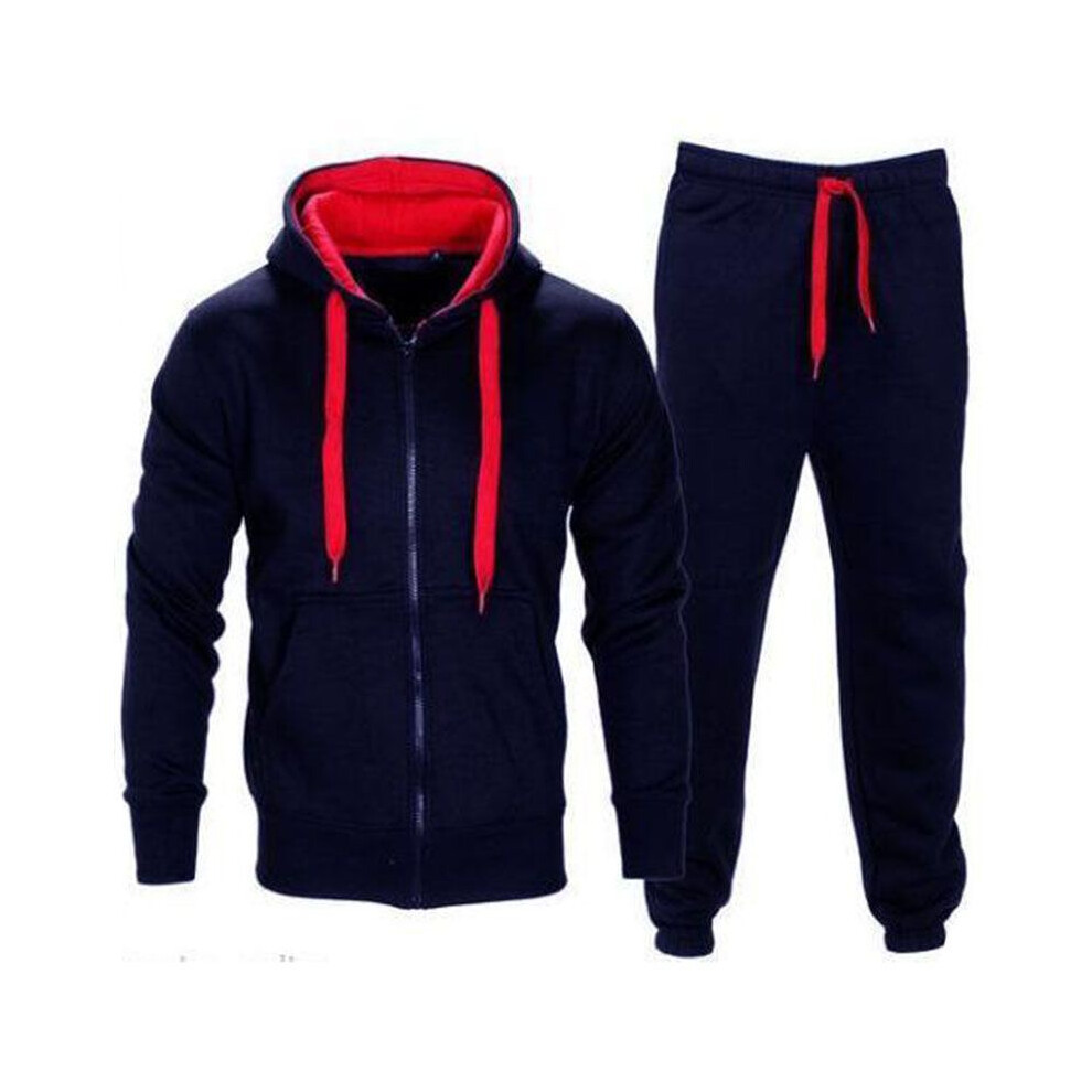 (Navy Red, 2XL) Set Tracksuit Mens Fleece Zip Hoodie Topsbottoms Joggers Contrast Jogging Gym