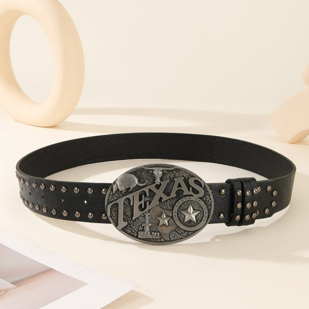 (Black) Belt Leather Punk With Hollow Rivet Decor And Letter Buckle Circular Design-image-OPC-PJWYNRQ-NEW