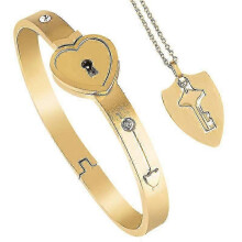 (Shield Gold) Love Locks Bracelet Love Locks Titanium Bracelet With Key Necklace