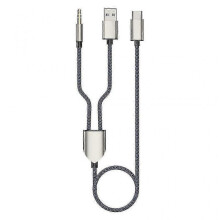 (Blue) 1 Split 2 Type C To Usb A 3.5mm Aux Cable Stereo Hifi Sound For Car Speakers