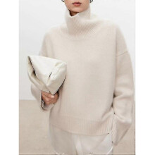 (L, white) Turtleneck Pure Cashmere Sweater Female Loose And Thick Languid Lazy Wind Pullover Sweater Knitting Base Wool Sweater-xinhan