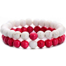 Valentine's DayBayetss Men Women Lava Bracelet Beads Bracelet Bangle Stretch Stone Beads Bracelets Friendship Couples Gifts,Red and white