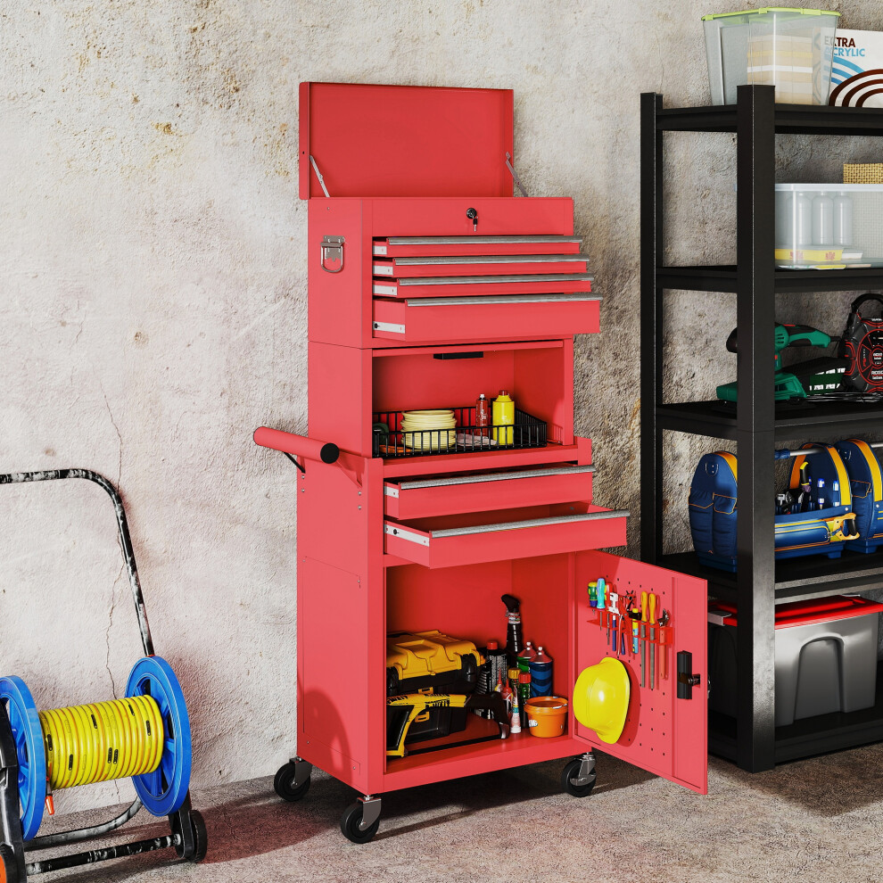 (Red) Homcom Tool Cabinet With 6 Drawers, 3-In-1 Rolling Tool Chest With Wheels 5063603665828