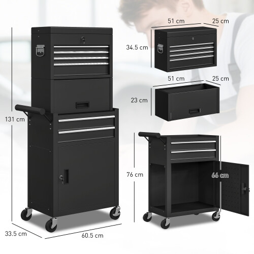 Homcom (Black) HOMCOM Tool Cabinet with 6 Drawers, 3-in-1 Rolling Tool Chest with Wheels 2