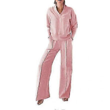 (L, pink) 2 Pcs Women's V-Neck Sweatshirt & Wide Leg Pants Set Solid Color Sport Outfit