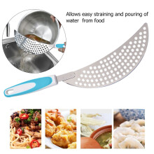 stainless steel spaghetti strainer with plastic handle, blue