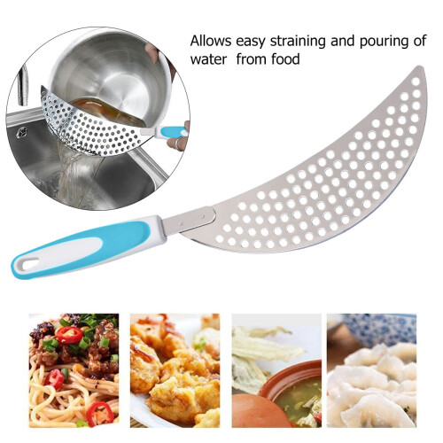 stainless steel spaghetti strainer with plastic handle, blue
