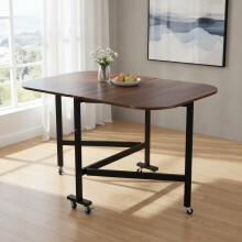 (Dark Brown) 120*80cm Folding Drop Leaf Table with 6 Wheels