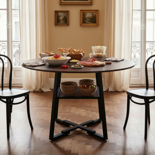 Living And Home (Dark Brown) 120cm Round Dining Table with Storage Shelf 2