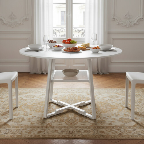 Living And Home (White) 120cm Round Dining Table with Storage Shelf 2