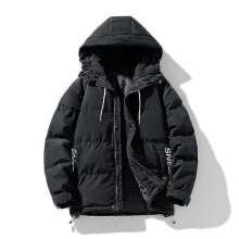 (S, Black) Men's Down Jacket Winter Hooded Warm Casual Zipper Thick Solid Color