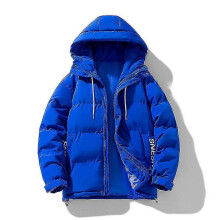 (L, Blue) Men's Down Jacket Winter Hooded Warm Casual Zipper Thick Solid Color