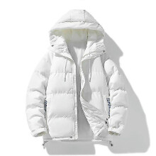 (L, White) Men's Down Jacket Winter Hooded Warm Casual Zipper Thick Solid Color