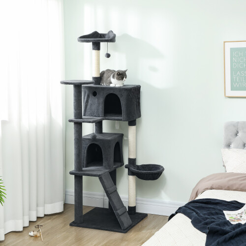 PawHut (Grey) PawHut 180cm Cat Tree Tower with Sisal Scratching Posts, Condos