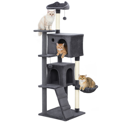 PawHut (Grey) PawHut 160cm Cat Tree Tower with Sisal Scratching Posts, Condos 1