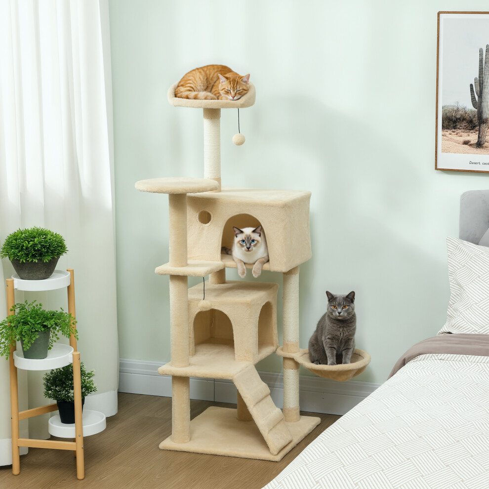 Pawhut (Cream) 140Cm Cat Tree With Sisal Scratching Posts, Cat Houses