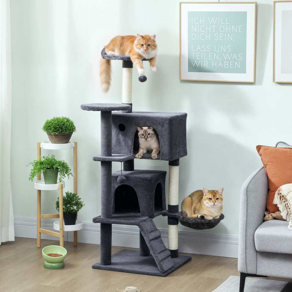 Pawhut (Grey) 140Cm Cat Tree With Sisal Scratching Posts, Cat Houses