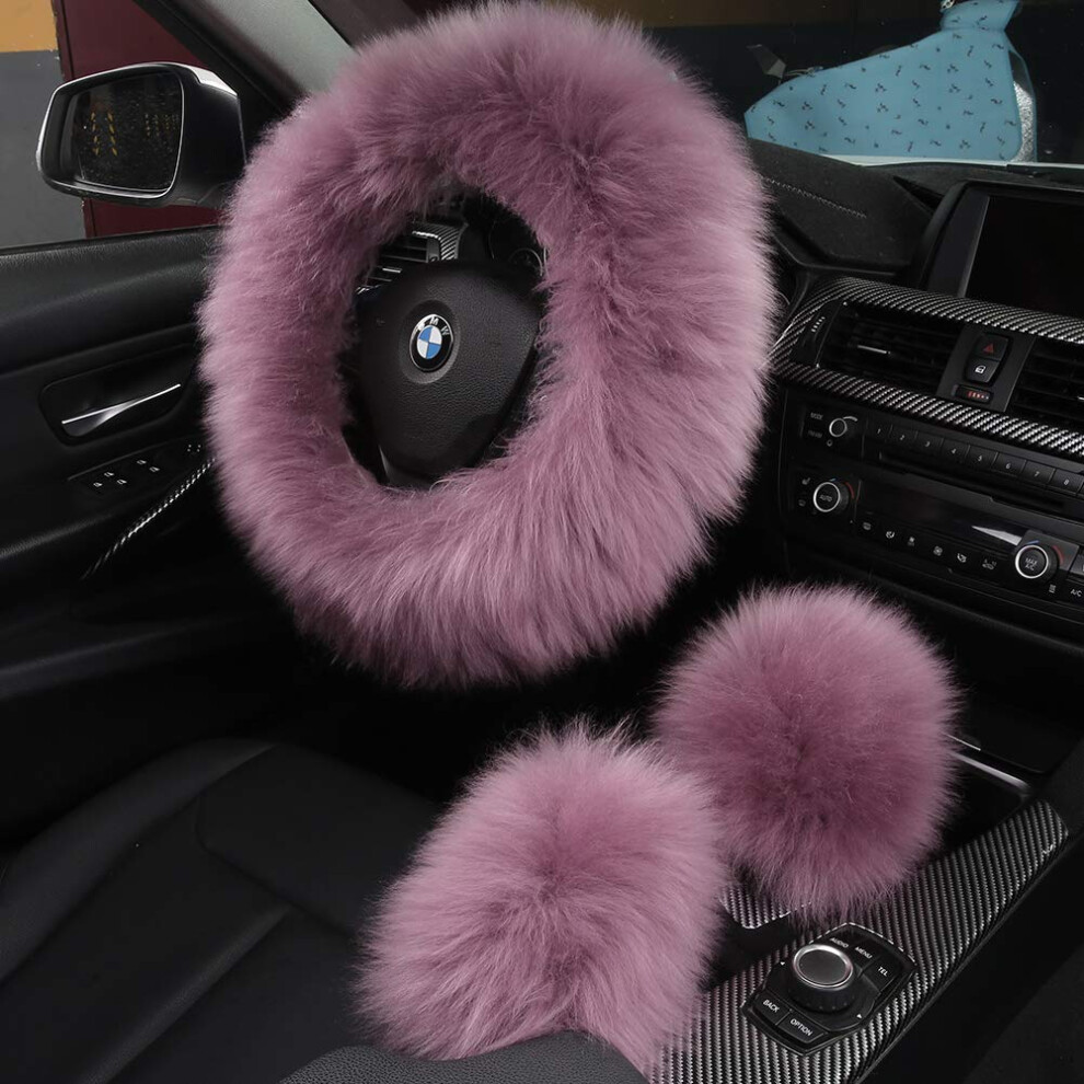 3Pcs Set Fluffy Fuzzy Wool Fur Soft Car Steering Wheel Cover, Handbrake & Gear Shift Covers For Women In Pansy Purple 6447073870569