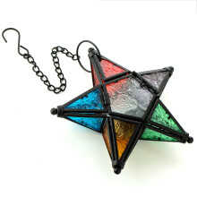 Star Ornaments Wall Hanging Decoration - Colorful Glass Candle Holders for Tea Light, Moroccan Style with Chain Loop