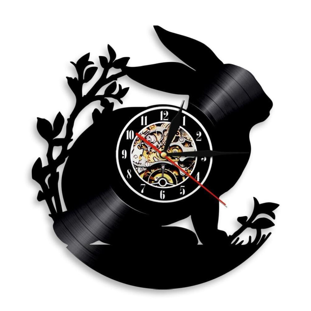 Rabbit Silhouette Wall Clock Vinyl Record Bunny Decorative Clock For Nursery Kids Room Woodland Animal Art Black
