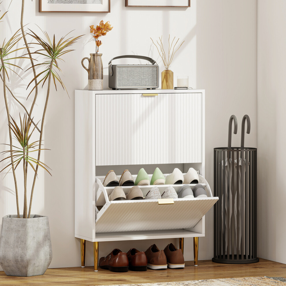 Homcom (White) Slim Shoe Storage Cabinet With 2 Flip Drawers For Hallway