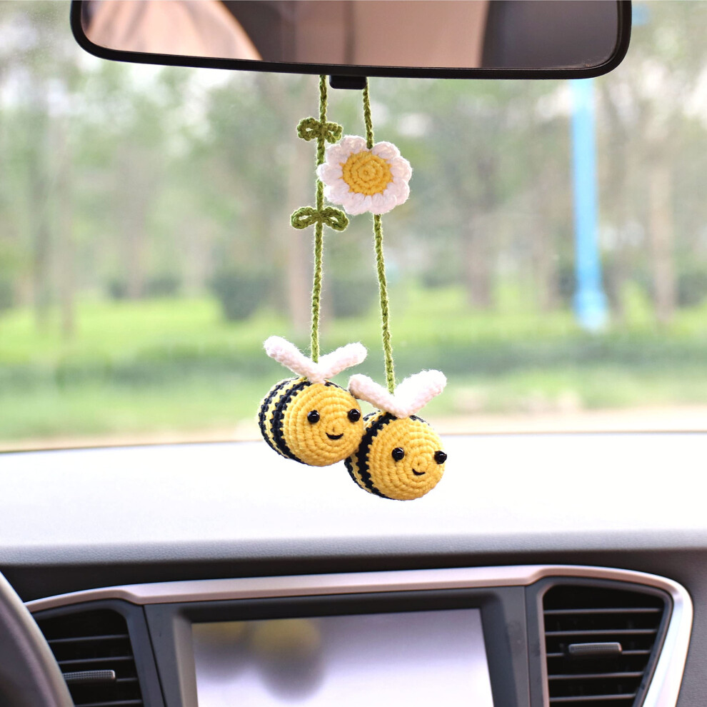 Bunny Crochet Bee Car Rear View Mirror Holder, Cute Bumblebee Hanging Ornament For Auto Interior, Gift For Bee Lovers 6038364499882
