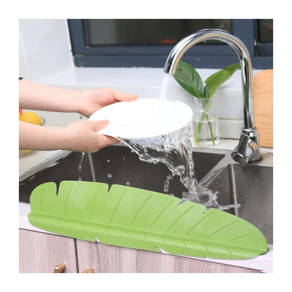 Kitchen Sink Splash Guard, Elastic Reusable Banana Leaf Design, Green Water Splash Guard For Dish Washing 6038364500861