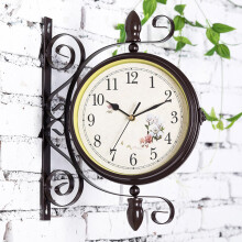 European Iron Double-Sided Wall Clock, Retro Two-Sided Design, Modern Living Room Decorative Watch in Black and Gold