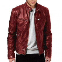 (L, Wine Red) Men"s Casual Leather Jacket Front Zipper Closure Vintage Outwear For Working Driving Travel Outfit