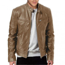 (M, Khaki) Men"s Casual Leather Jacket Front Zipper Closure Vintage Outwear For Working Driving Travel Outfit
