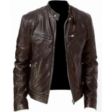 (M, Brown) Men"s Casual Leather Jacket Front Zipper Closure Vintage Outwear For Working Driving Travel Outfit