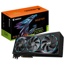 GV-N5080AORUS M-16GD: AORUS GeForce RTX 5080 MASTER 16 GB GDDR7 256-bit, PCIe 5.0, WINDFORCE, Widok krawędzi LCD, Podwójny BIOS, DLSS 4