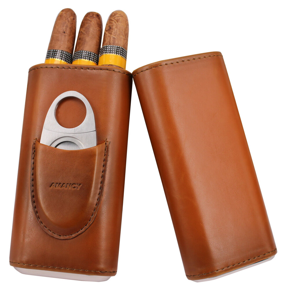 Brown Premium 3-Finger Leather Cigar Case With Cedar Wood Lining And Stainless Steel Cutter For Travel And Storage