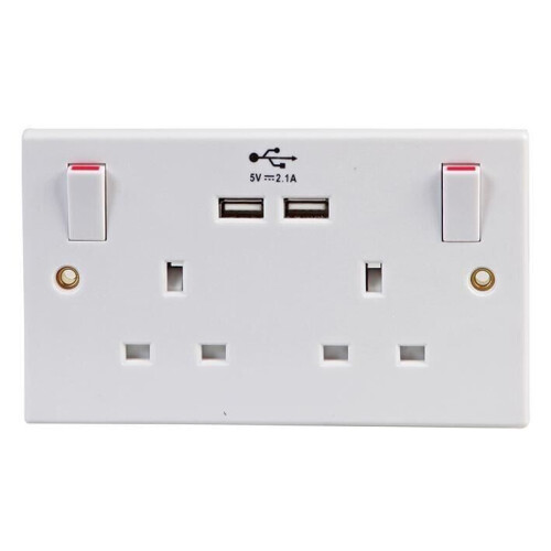 PRO ELEC - Πινακίδα τοίχου ρεύματος και φόρτισης USB 2 κρουνών 13A 250V Λευκό