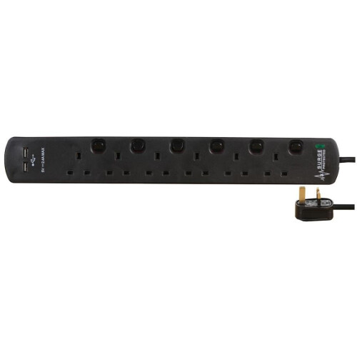 PRO ELEC - 6 Gang 2 USB Surge Protected Extension Lead, 2m, Black