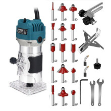 110V Router Tool 800W Palm Router 30000RPM Electric Trimmer with 15 1/4" Bits and 2 Trim Guides Adjustable Base Height