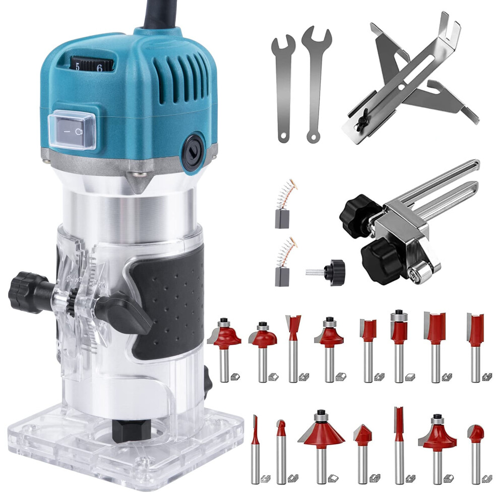 Compact Wood Router Tool With 6 Adjustable Speeds, 800W Electric Palm Router Kit, 15 Router Bits, 30000 Rpm, 110V 6038364506863