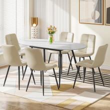 (Set of 6) Extendable Dining Table and Chairs Set of 4/6, Oval Mable Effect Table with Upholstered Chairs