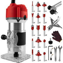 Compact Wood Router Tool 110V Electric Hand Trimmer Kit with 800W Power, 15 PCS Router Bits, and Gloves
