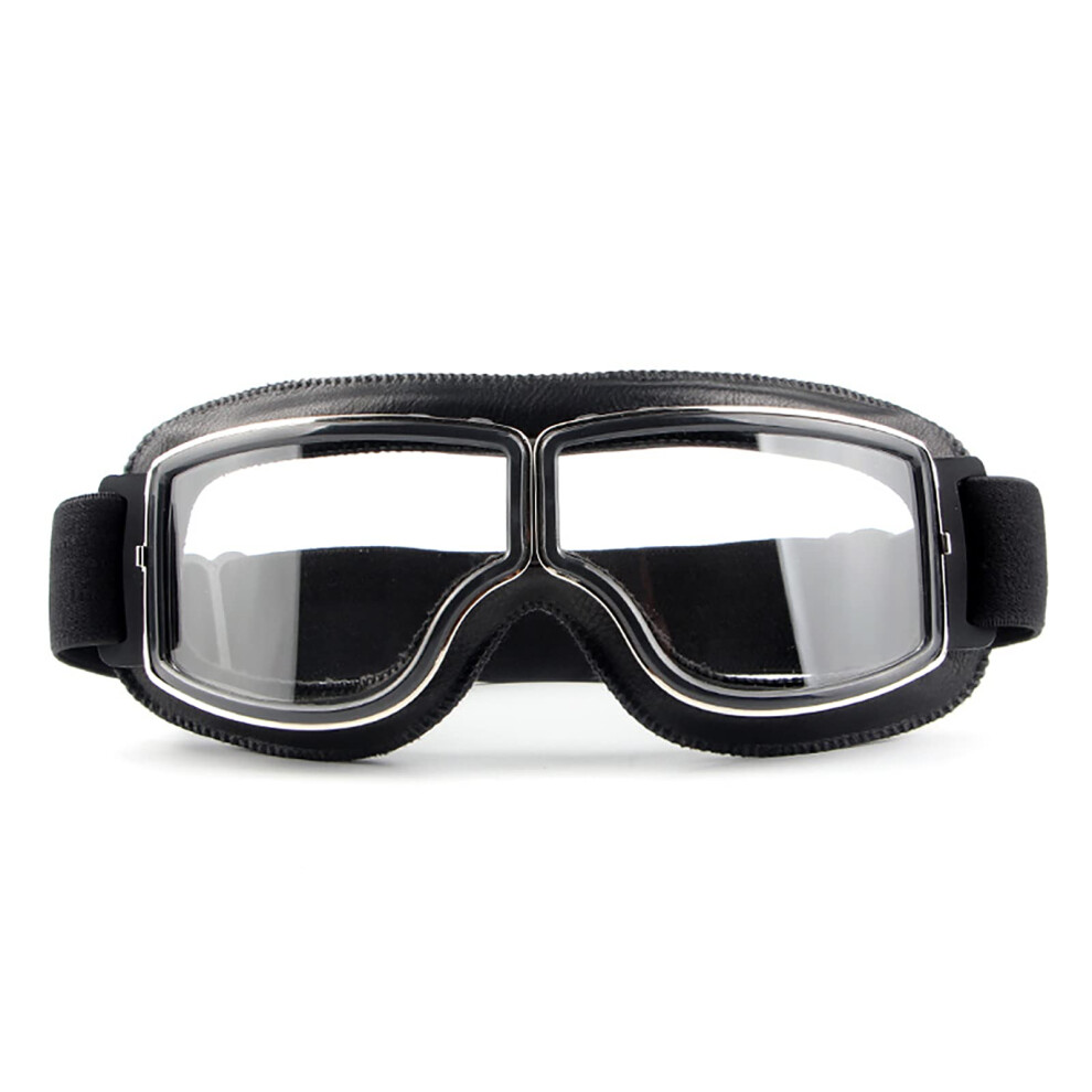 Motorcycle Goggles Vintage Leather Aviator Style For Men Women, Windproof Anti-Fog Riding Eyewear Clear Lens Black 6038364507259