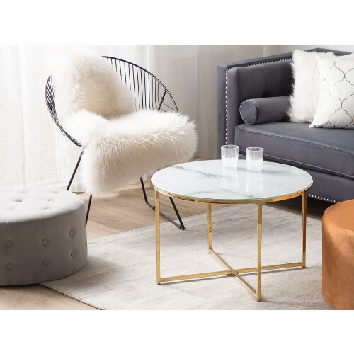 Beliani Coffee Table QUINCY Tempered Glass Marble/ Gold 1