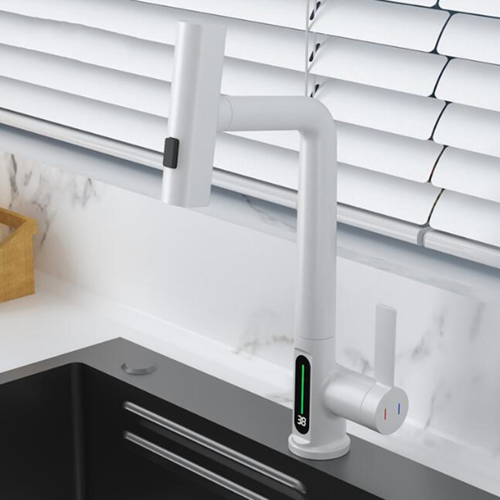 Kitchen Faucets With Pull Out Spray And Digital Temperature Display, 3 Modes Waterfall Mixer Faucet In Brass - Grey And White 6038364509451