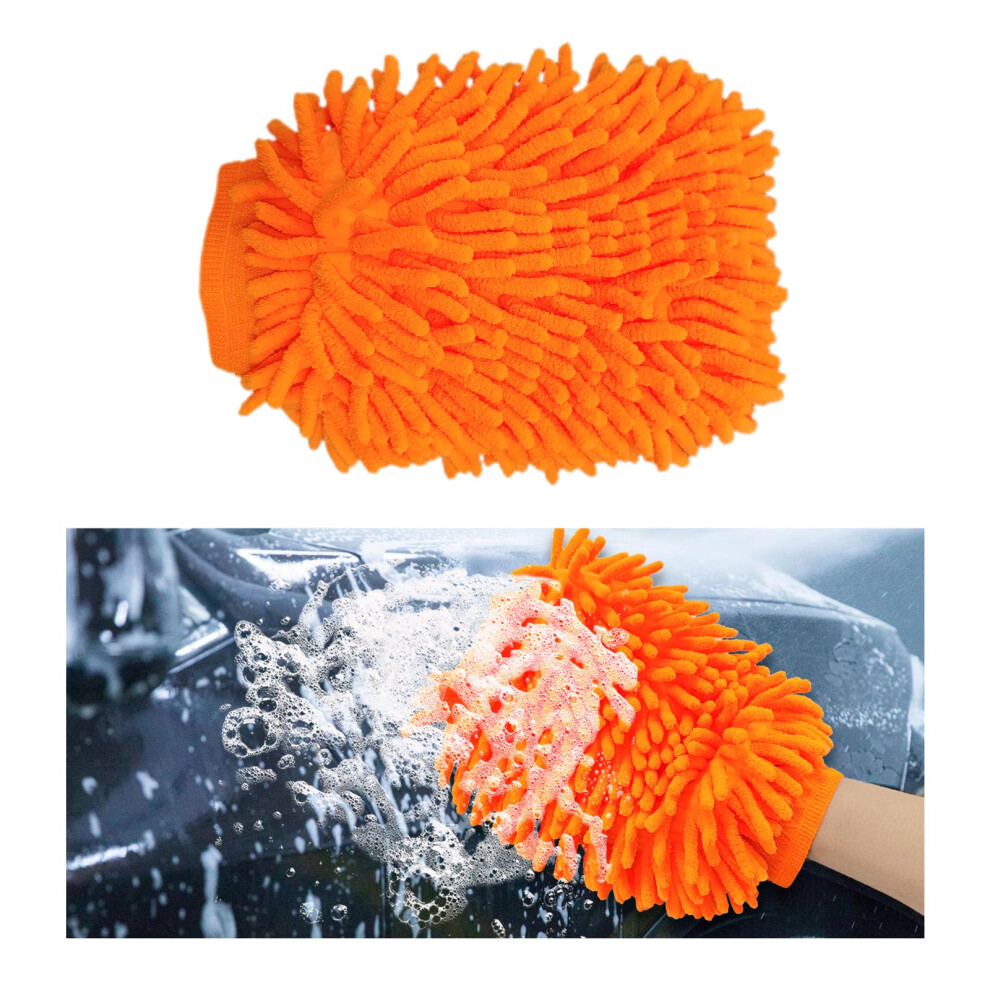 Premium Microfiber Wash Mitt For Car Washing, Soft Scratch-Free Double-Sided Chenille Gloves, Large Orange 6038364509802