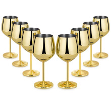 Stainless Steel Wine Glasses Set of 8, 18oz Stemmed Metal Goblets for Red White Wine, Gold Finish with Cleaning Brush