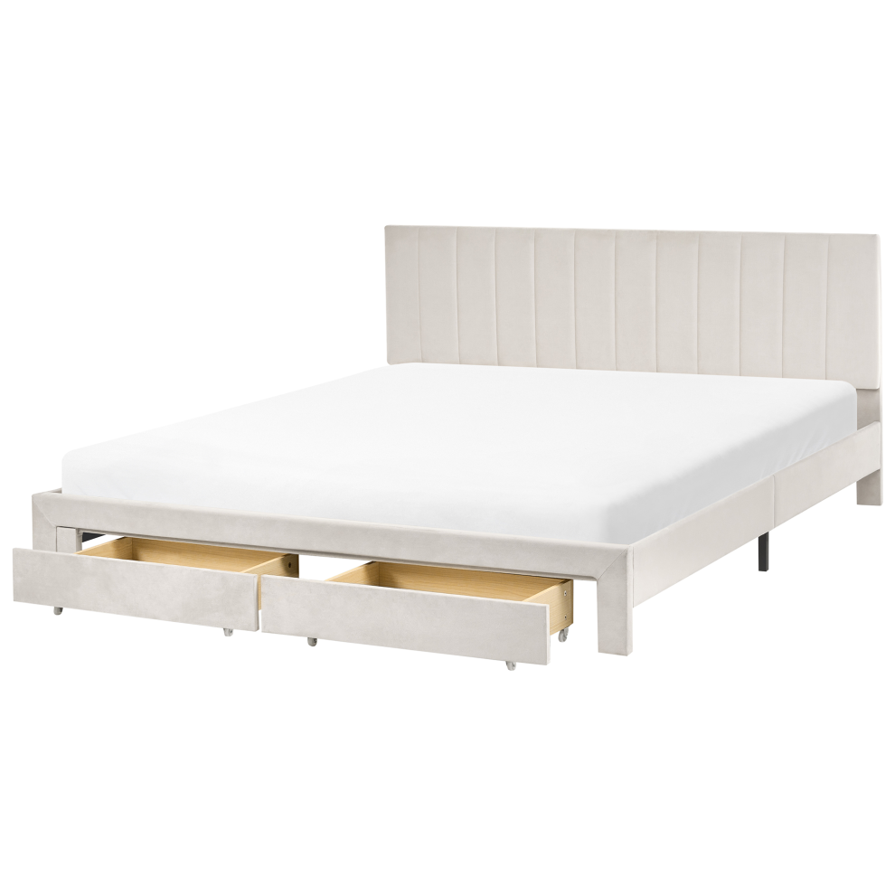 Bed with Storage Drawers Velvet LONZAC 180 x 200 cm (EU Super King) Off-White
